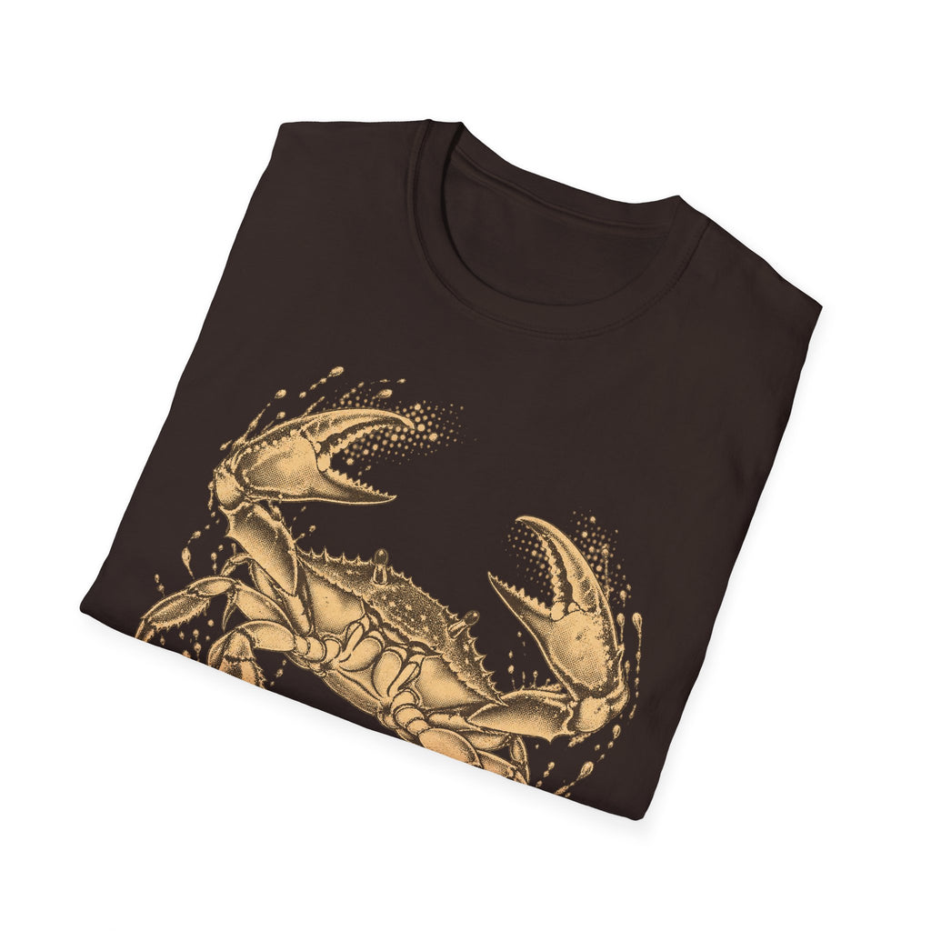 Dark chocolate T-shirt with vintage gold crab and fish graphic on front