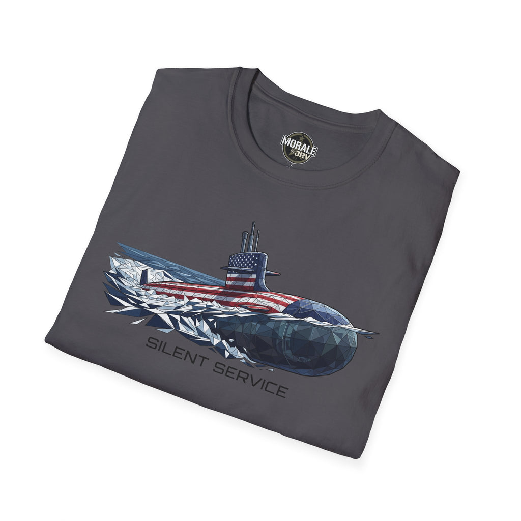 Charcoal T-shirt with submarine graphic and 'SILENT SERVICE' text