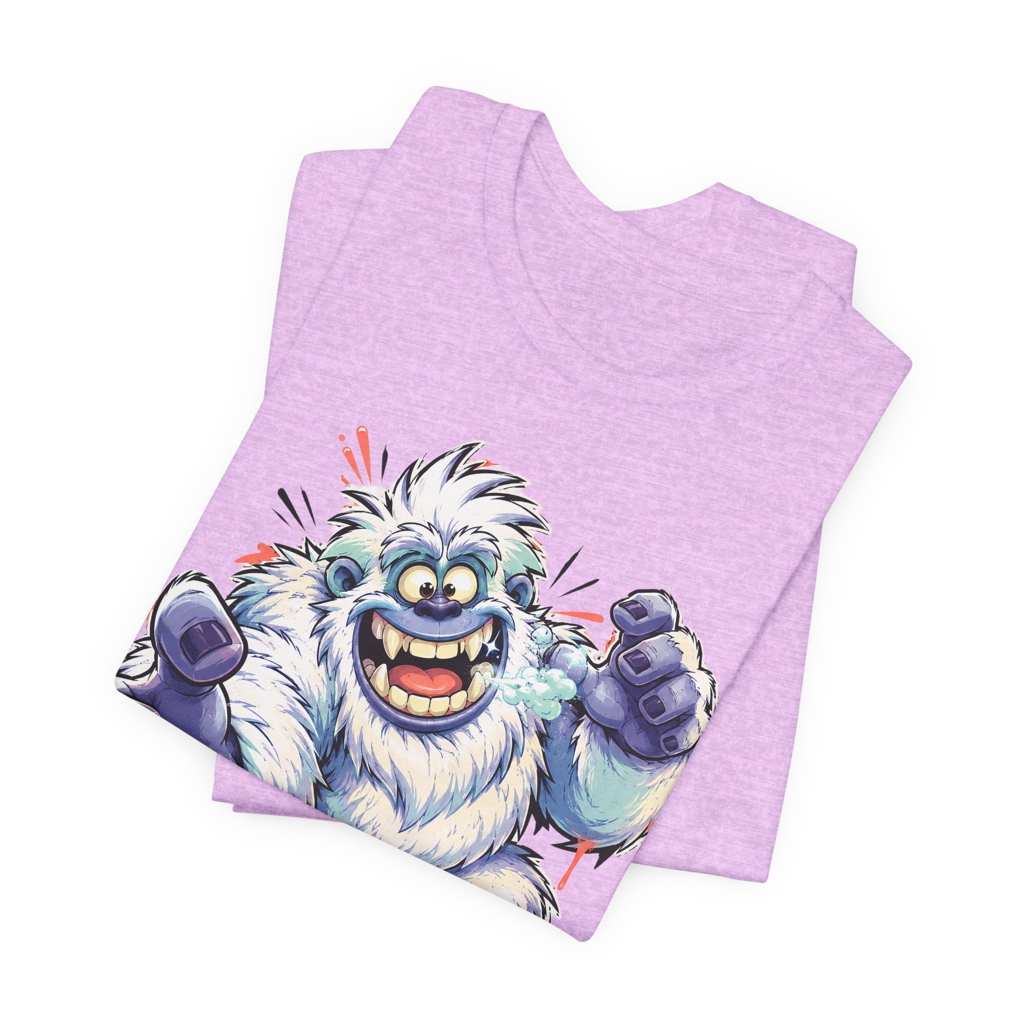 Lavender heather T-shirt with cartoon yeti monster graphic, fists raised
