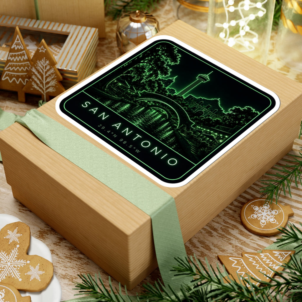 Neon green San Antonio Riverwalk sticker on wrapped gift box with neon skyline