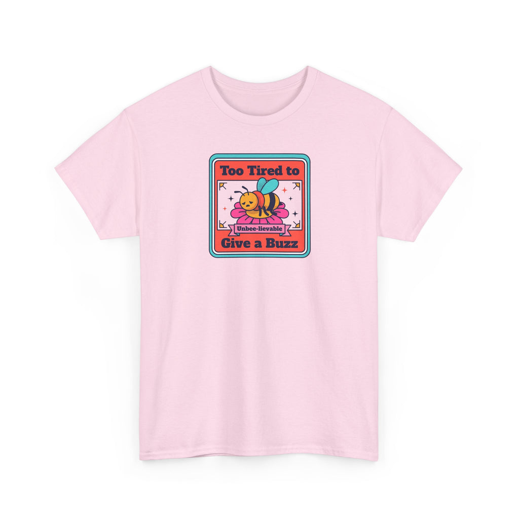 Light pink crewneck T-shirt with bee humor graphic on the chest