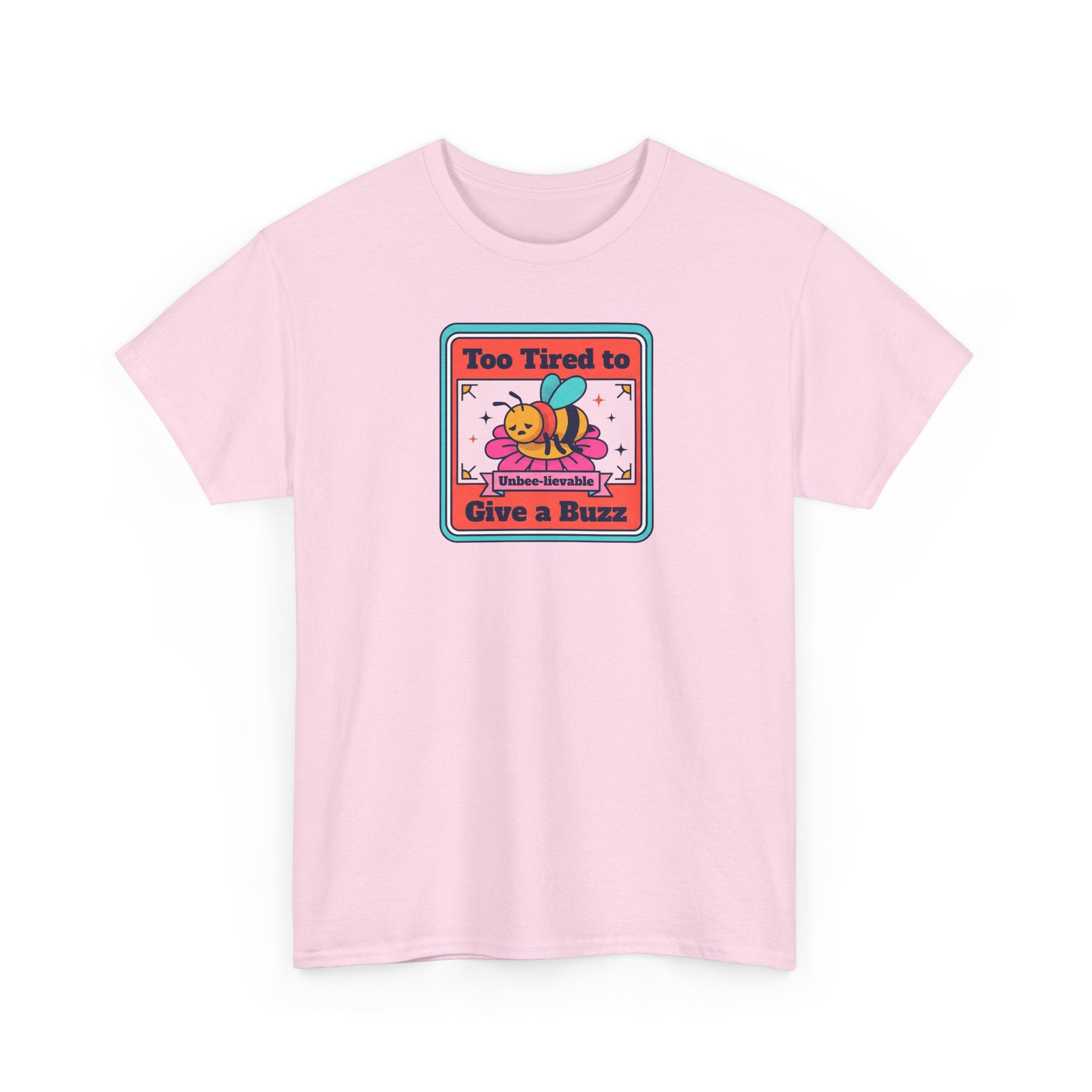 Light pink crewneck T-shirt with bee humor graphic on the chest