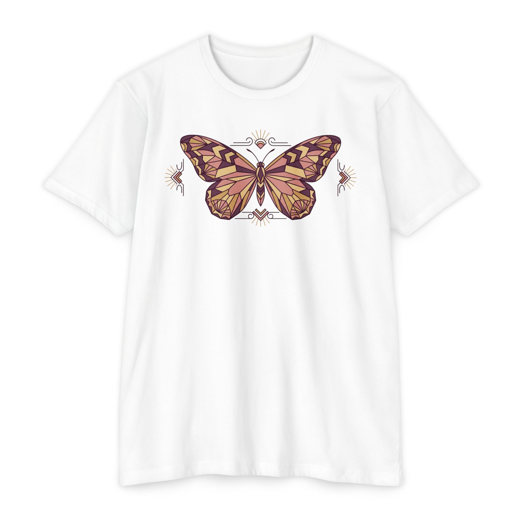 White butterfly graphic T-shirt with vintage floral wings illustration, crew neck