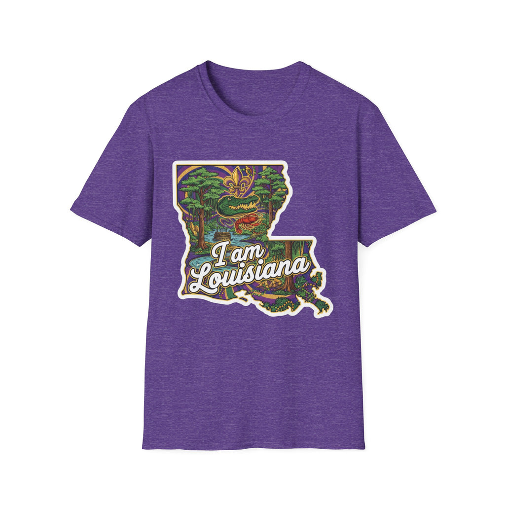 Camiseta morada jaspeada con mapa de Luisiana multicolor y texto “I am Louisiana”