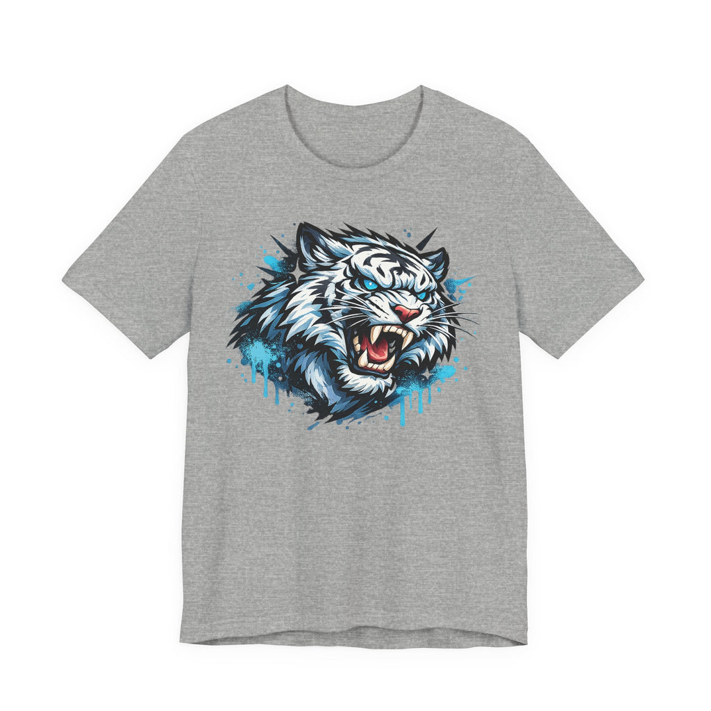 Heather gray unisex t-shirt with roaring tiger head graphic and blue drip print