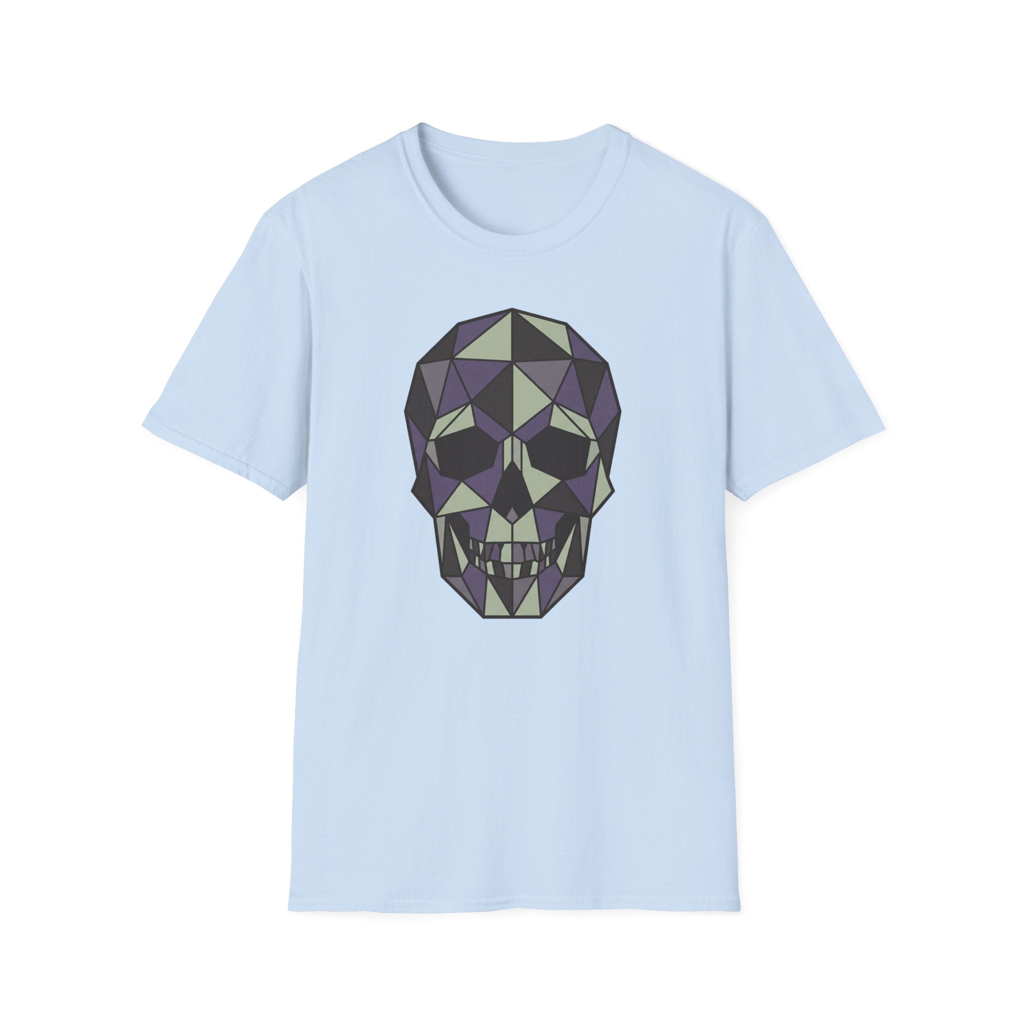 Light blue skull graphic T-shirt with low-poly geometric face design