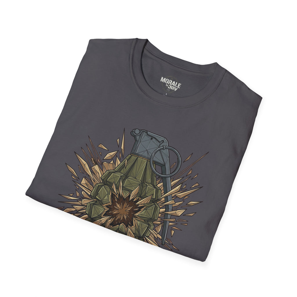Charcoal T-shirt front with grenade explosion design and spark details