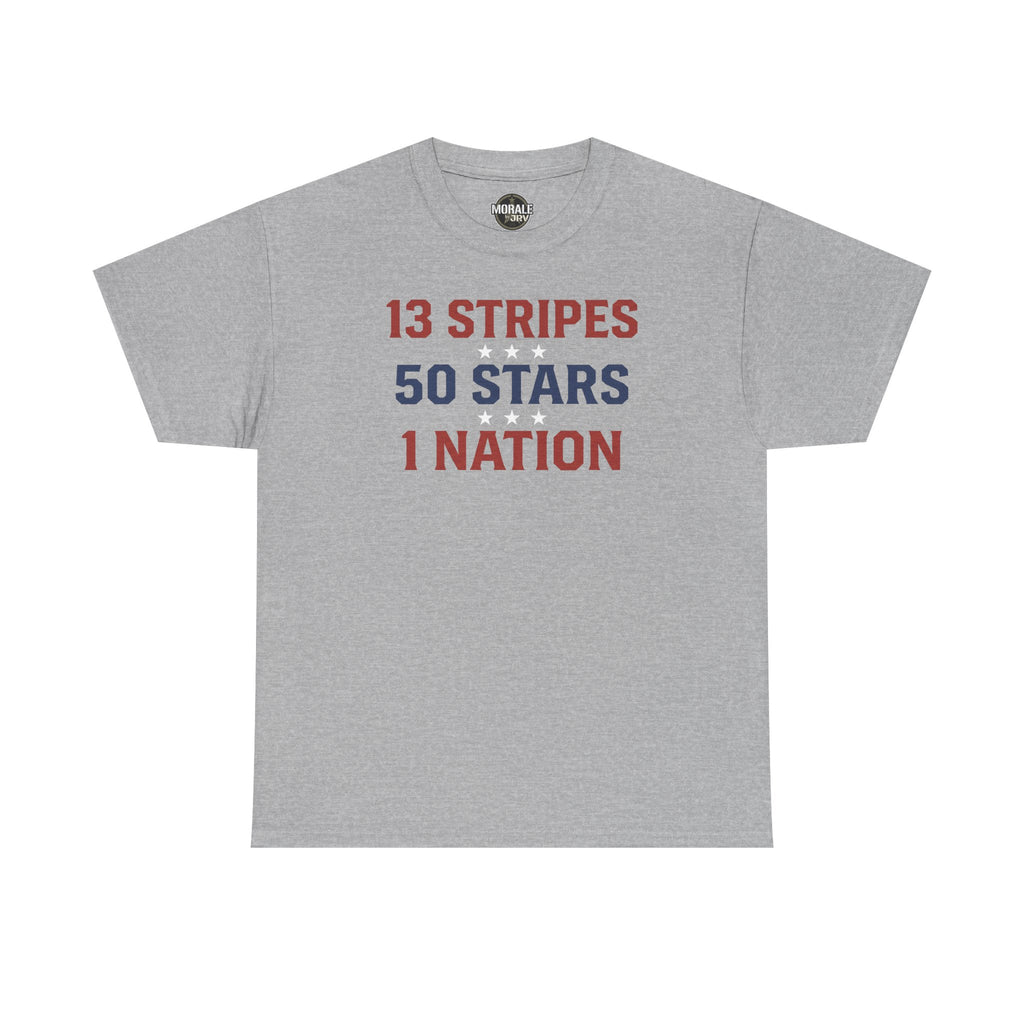 Light gray crewneck T-shirt, front text '13 STRIPES 50 STARS 1 NATION'