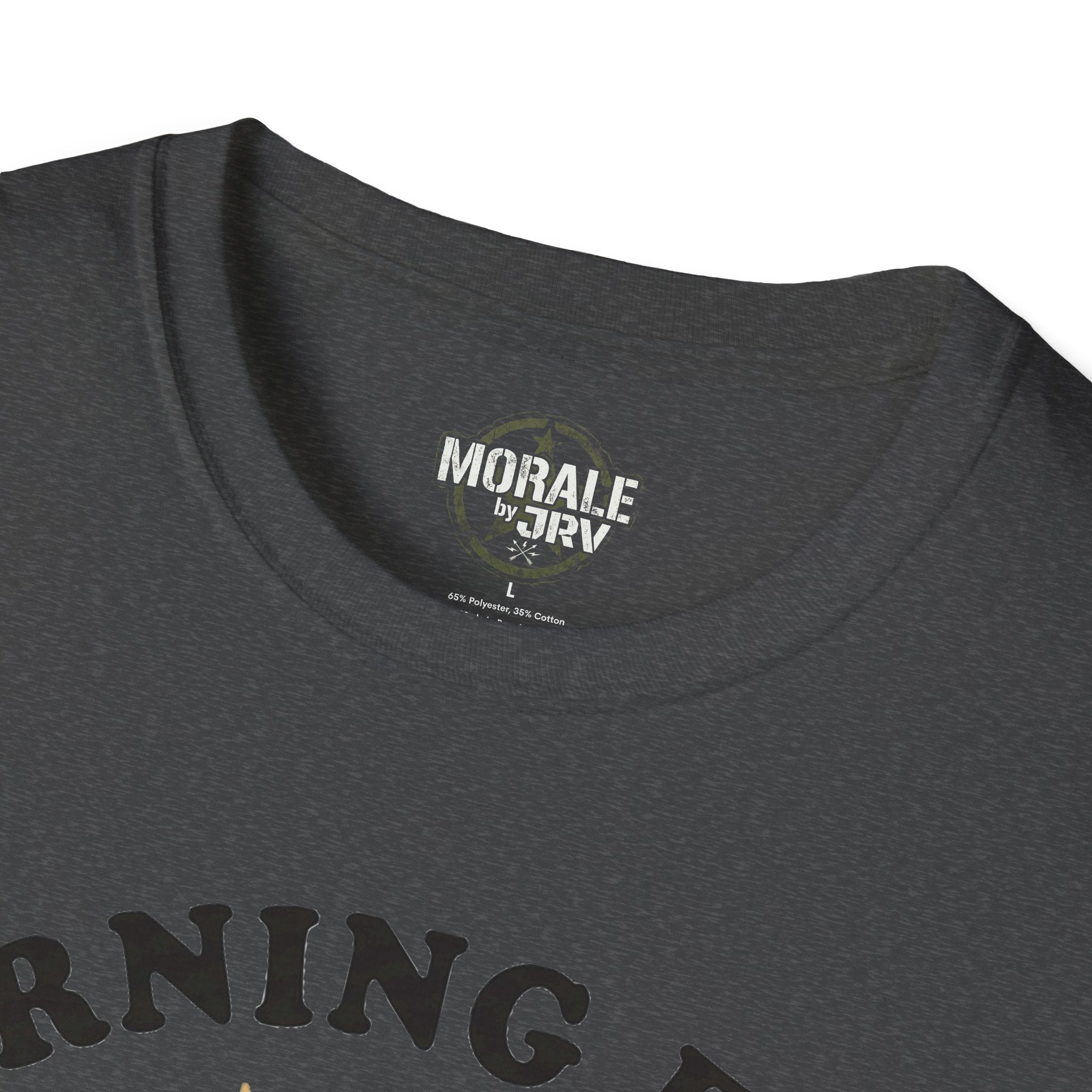 Dark heather T-shirt neckline with MORAL E by JIRV graphic