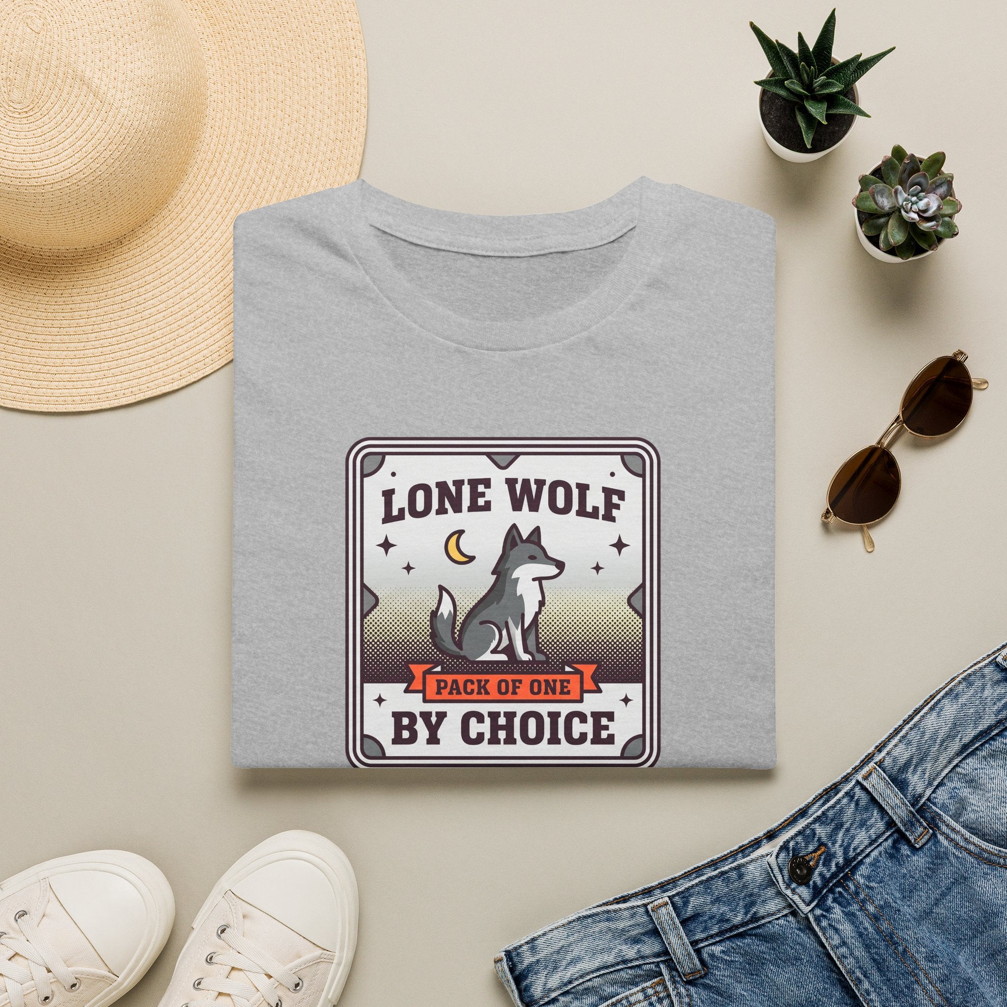 Light gray crewneck T-shirt with lone wolf badge graphic