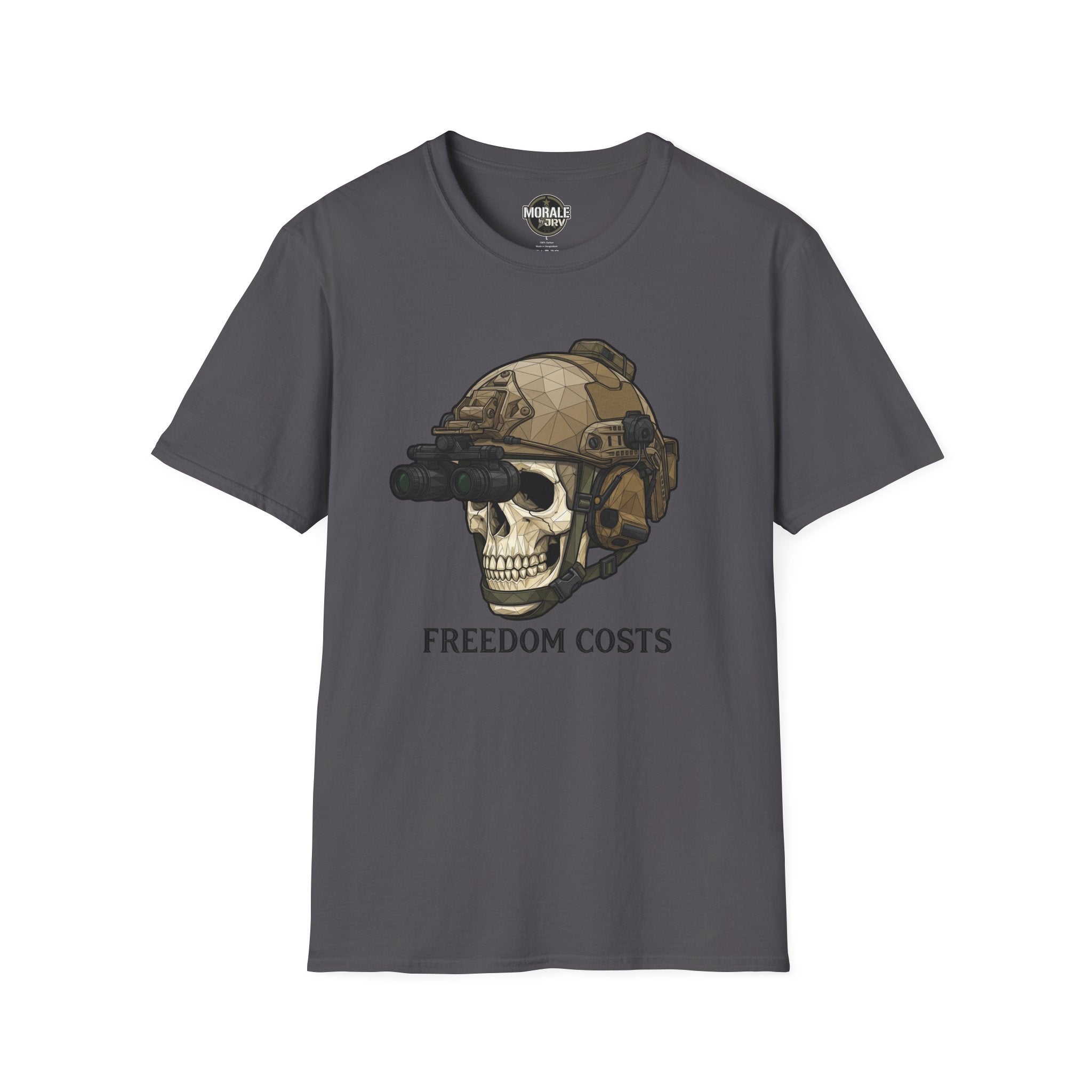 Freedom Costs skull tactical helmet graphic T-shirt, charcoal with NVG goggles