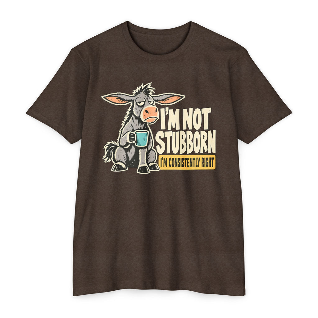 Dark brown crewneck graphic T-shirt with donkey holding a coffee mug; slogan “I’m not stubborn”