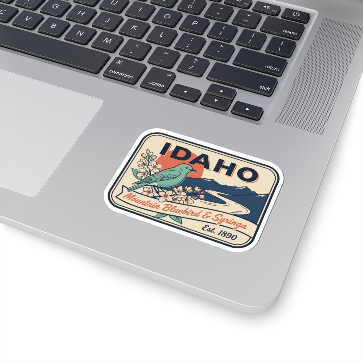 Idaho badge vinyl sticker on laptop, showing IDAHO and bluebird floral design
