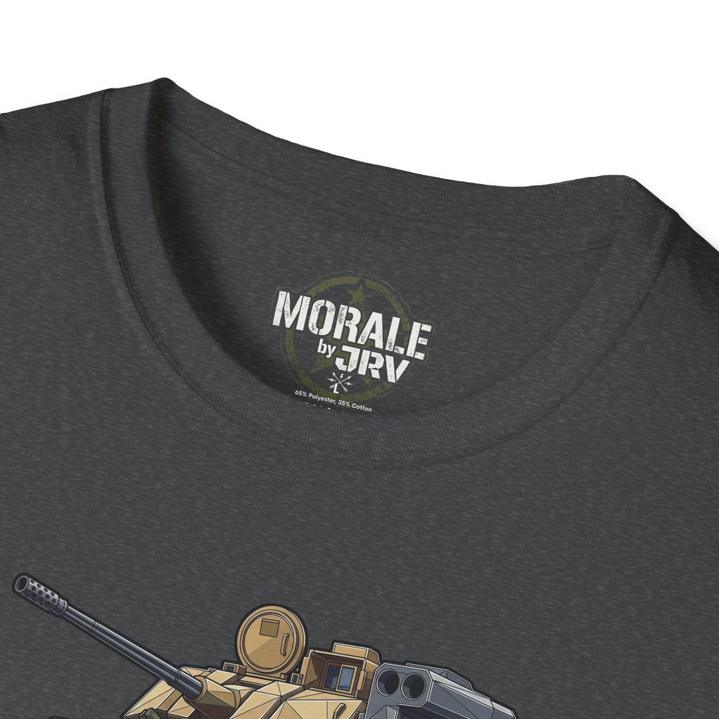Military tank T-shirt close-up: "MORALE" neck logo and cannon graphic