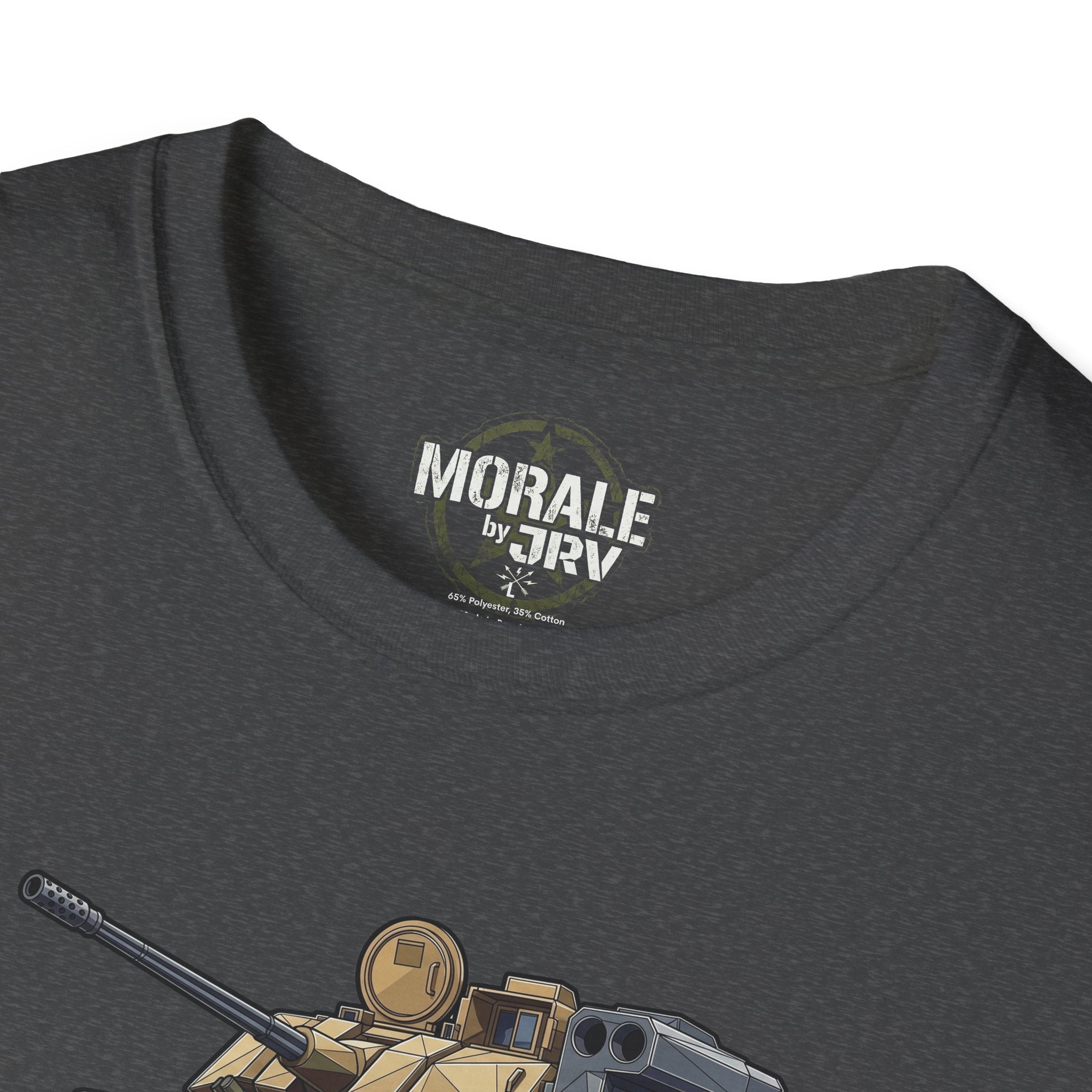 Military tank T-shirt close-up: "MORALE" neck logo and cannon graphic
