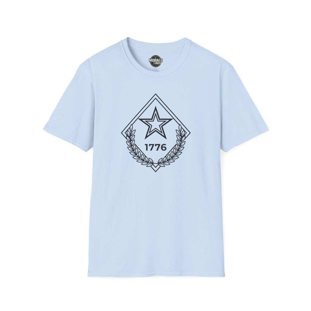 Light blue t-shirt with chest star-and-laurel diamond emblem, 1776 and outlined star design