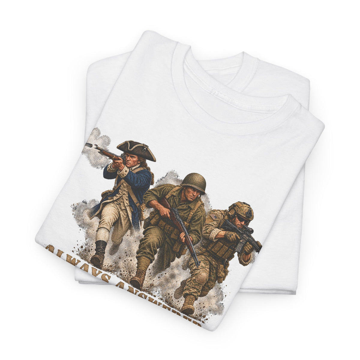 White crewneck T-shirt with patriotic soldier graphic on front