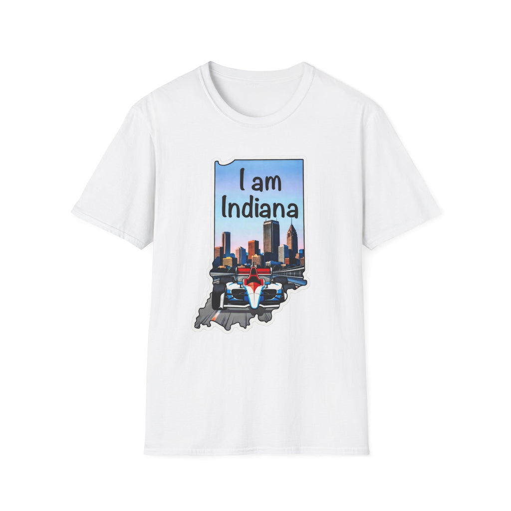 I am Indiana T-Shirt, weiß: Indiana-Schriftzug, Skyline & IndyCar im Umriss