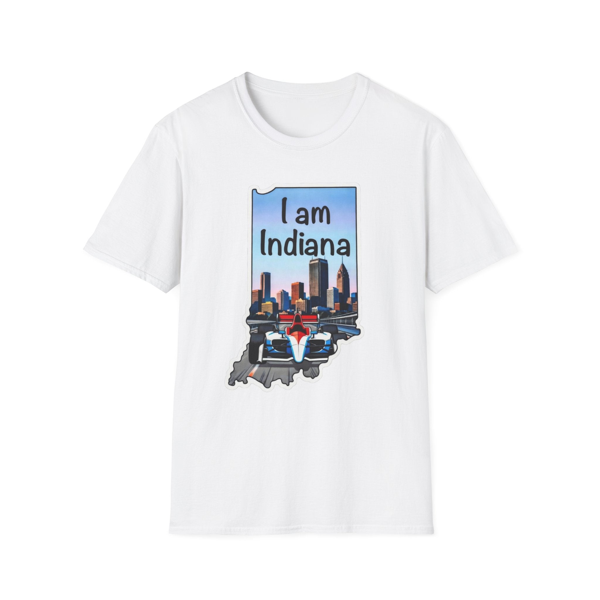 I am Indiana T-Shirt, weiß: Indiana-Schriftzug, Skyline & IndyCar im Umriss