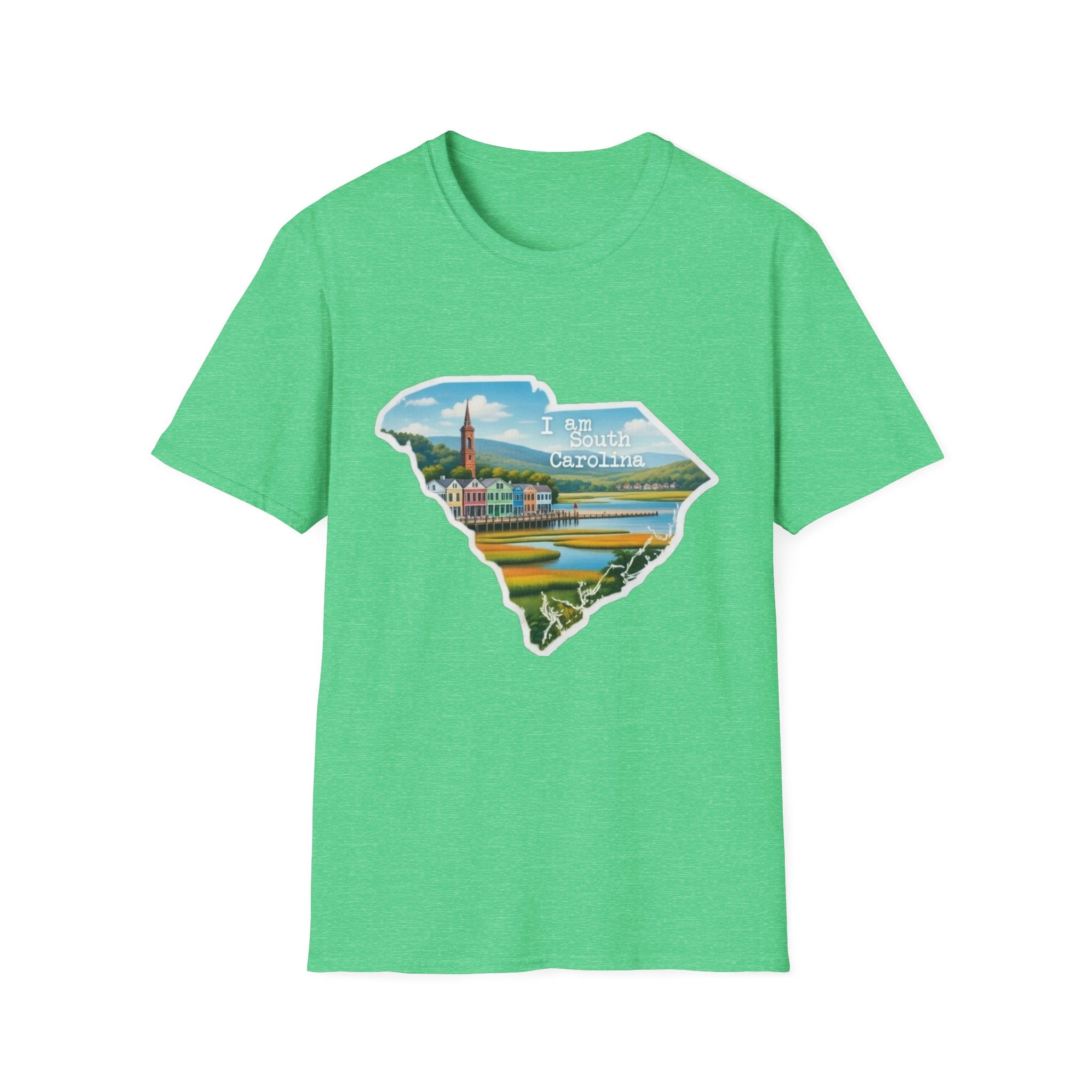 Heather Irish green T-shirt with South Carolina state skyline graphic and “I am South Carolina” text