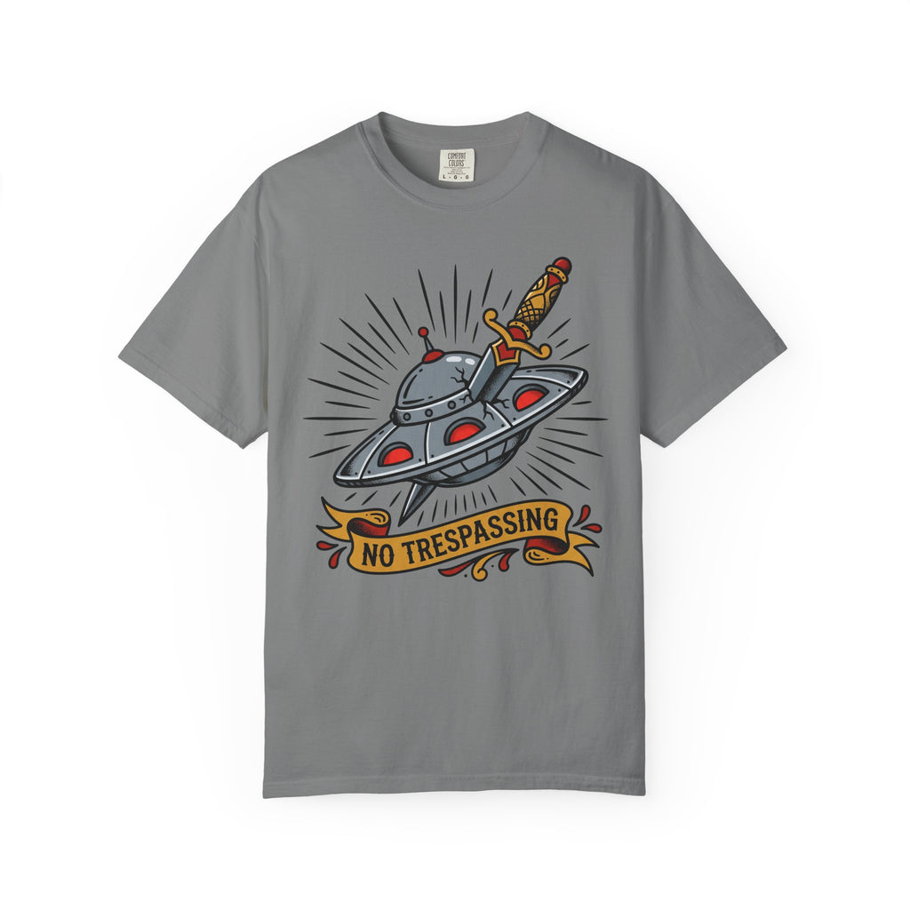 Steel gray tee with UFO dagger graphic and 'No Trespassing'