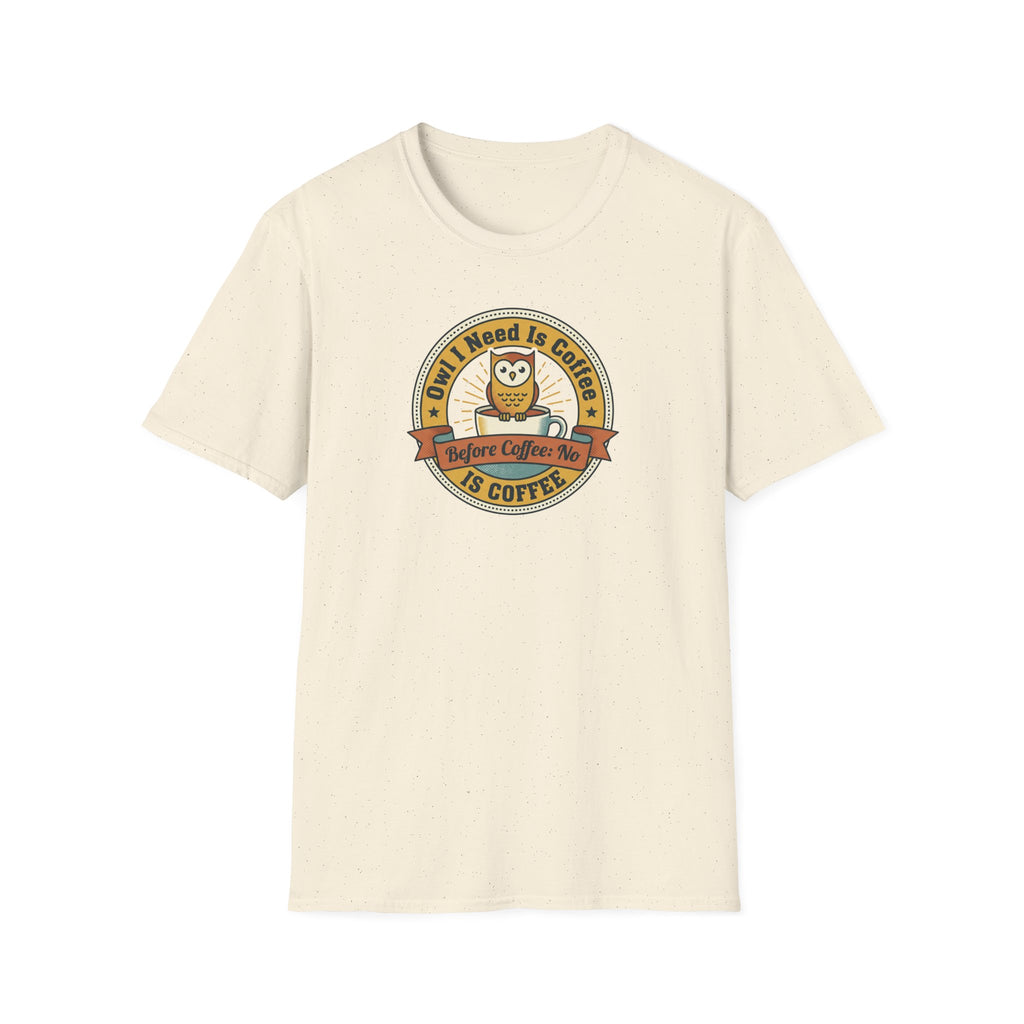 Natural cream crew-neck T-shirt with circular coffee owl badge graphic on the front.