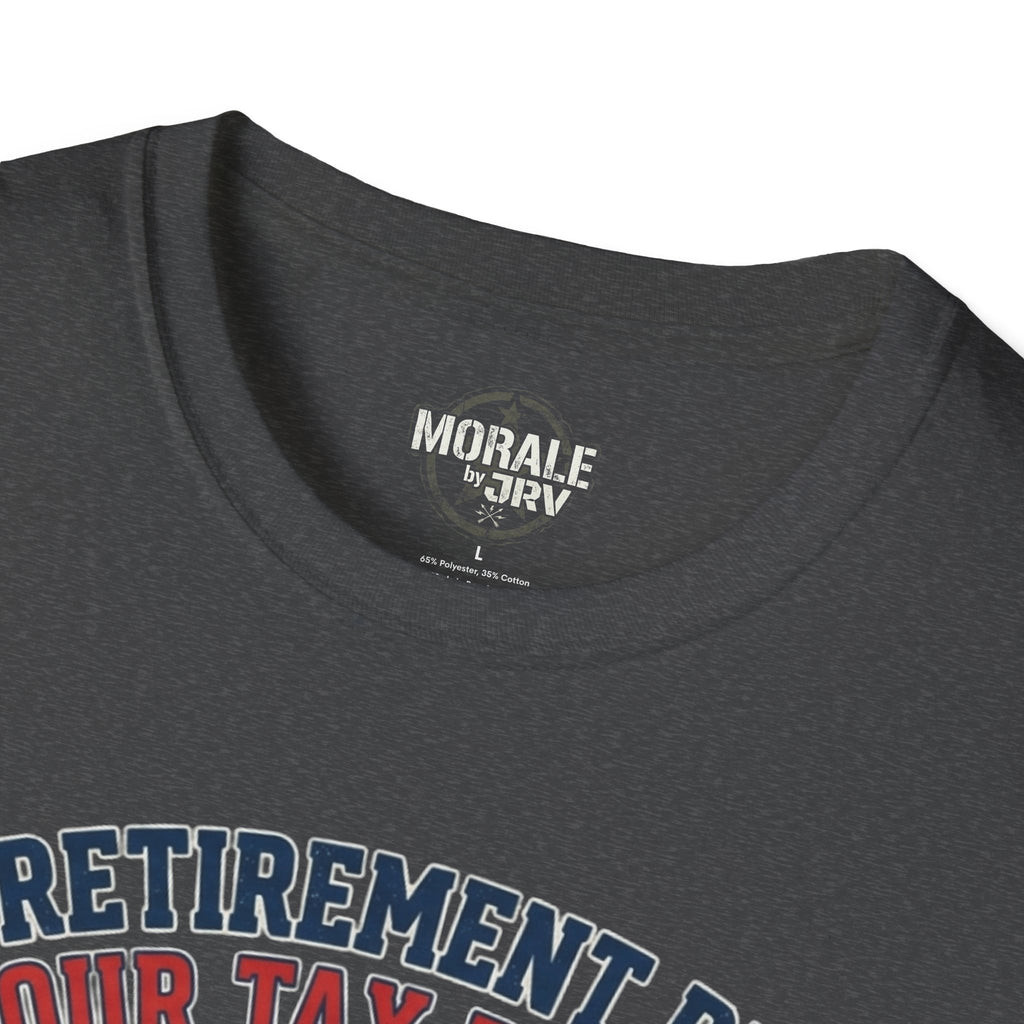 Black T-shirt neckline with “Morale by TRIV” label