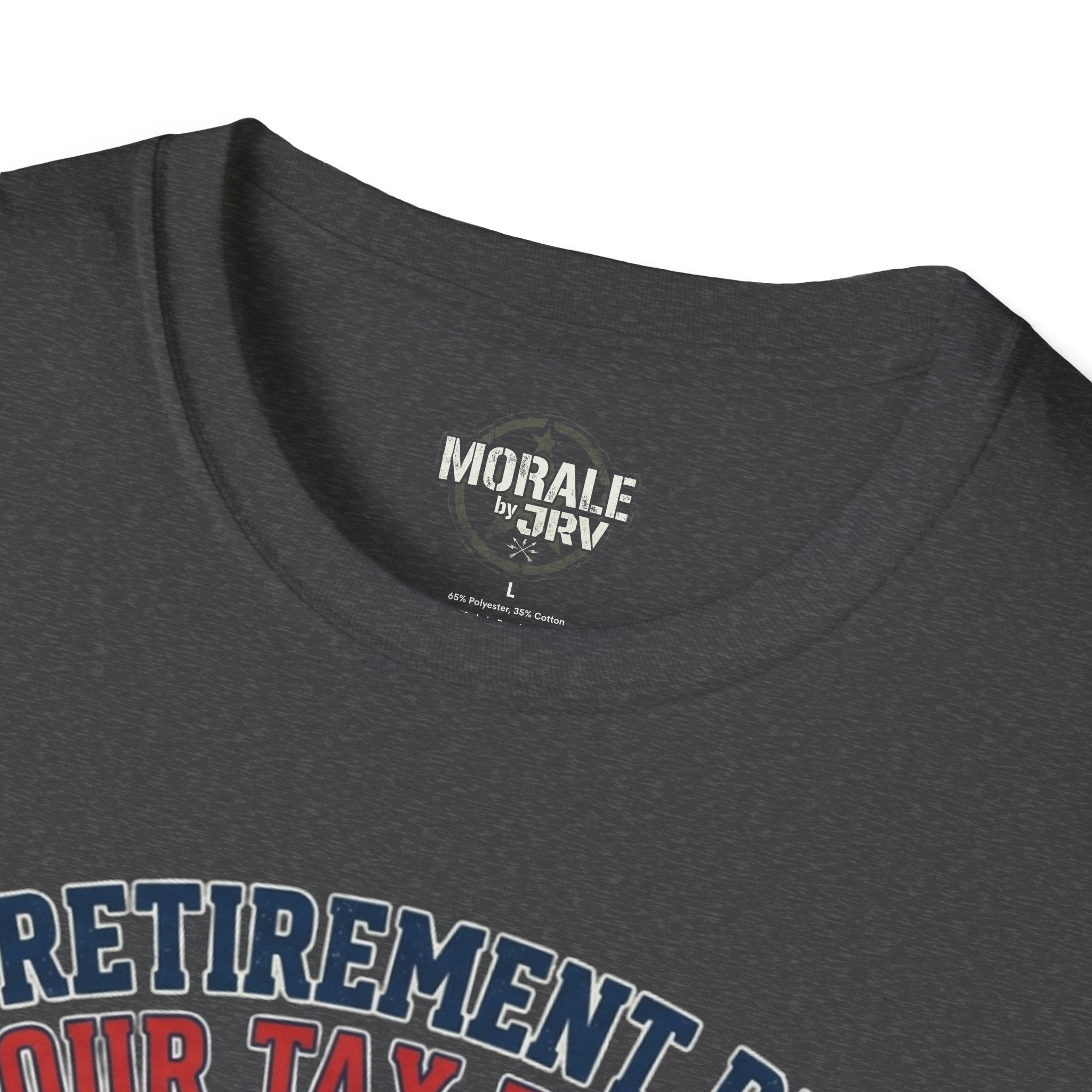 Black T-shirt neckline with “Morale by TRIV” label