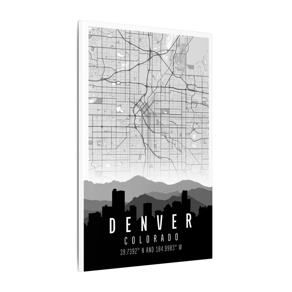 Denver skyline map canvas, white-framed front; “DENVER” over mountains graphic.