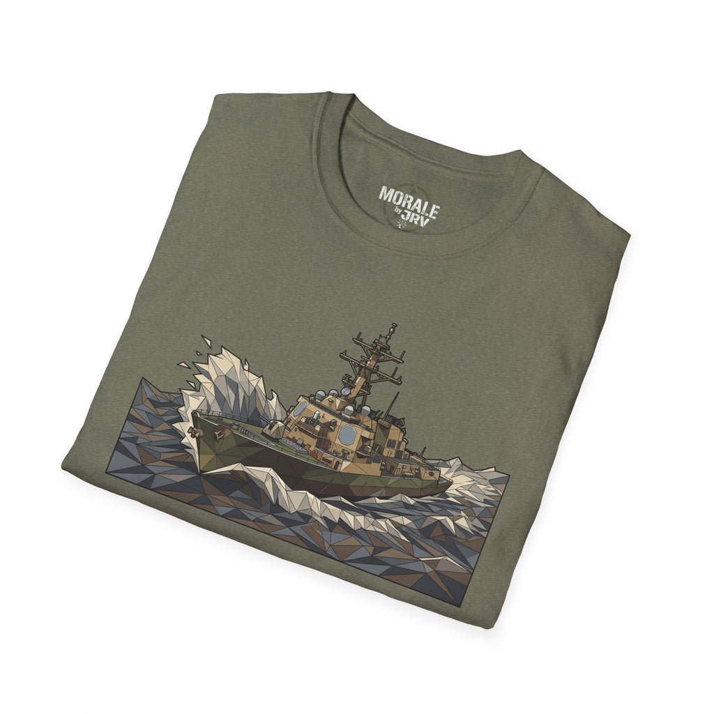 Olive green Coast Guard Cutter T-Shirt with geometric ship-and-seas artwork
