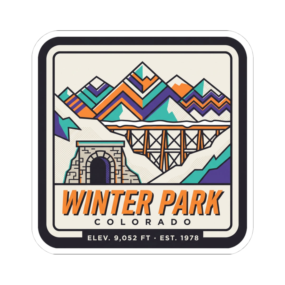 Square retro ski badge sticker with mountain bridge, train tunnel, and Elev. 9,052 ft.