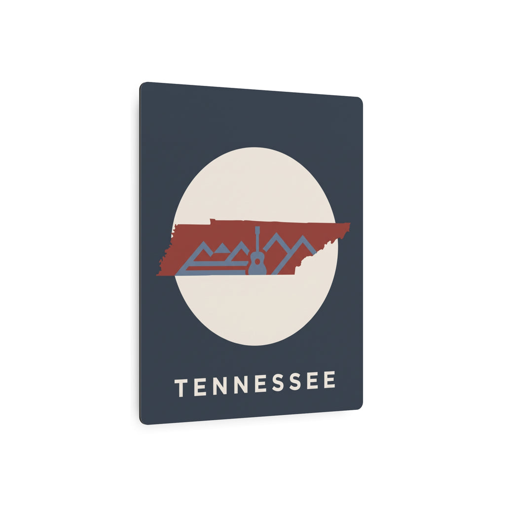 Tennessee silhouette metal art sign with red mountains over beige circle and TENNESSEE text