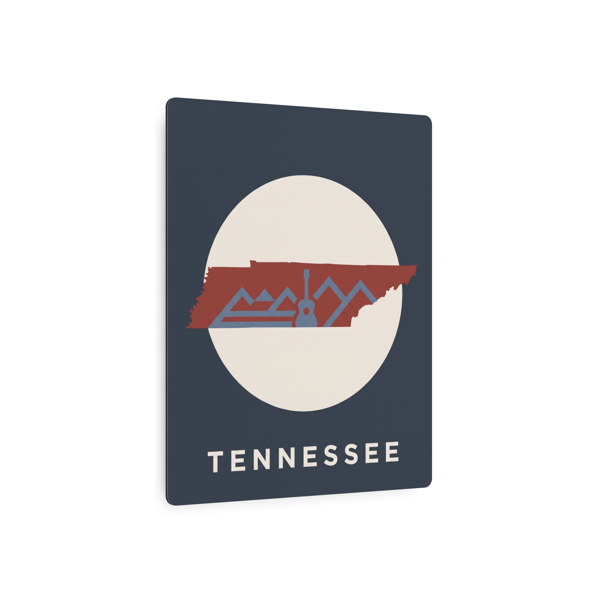 Tennessee silhouette metal art sign with red mountains over beige circle and TENNESSEE text