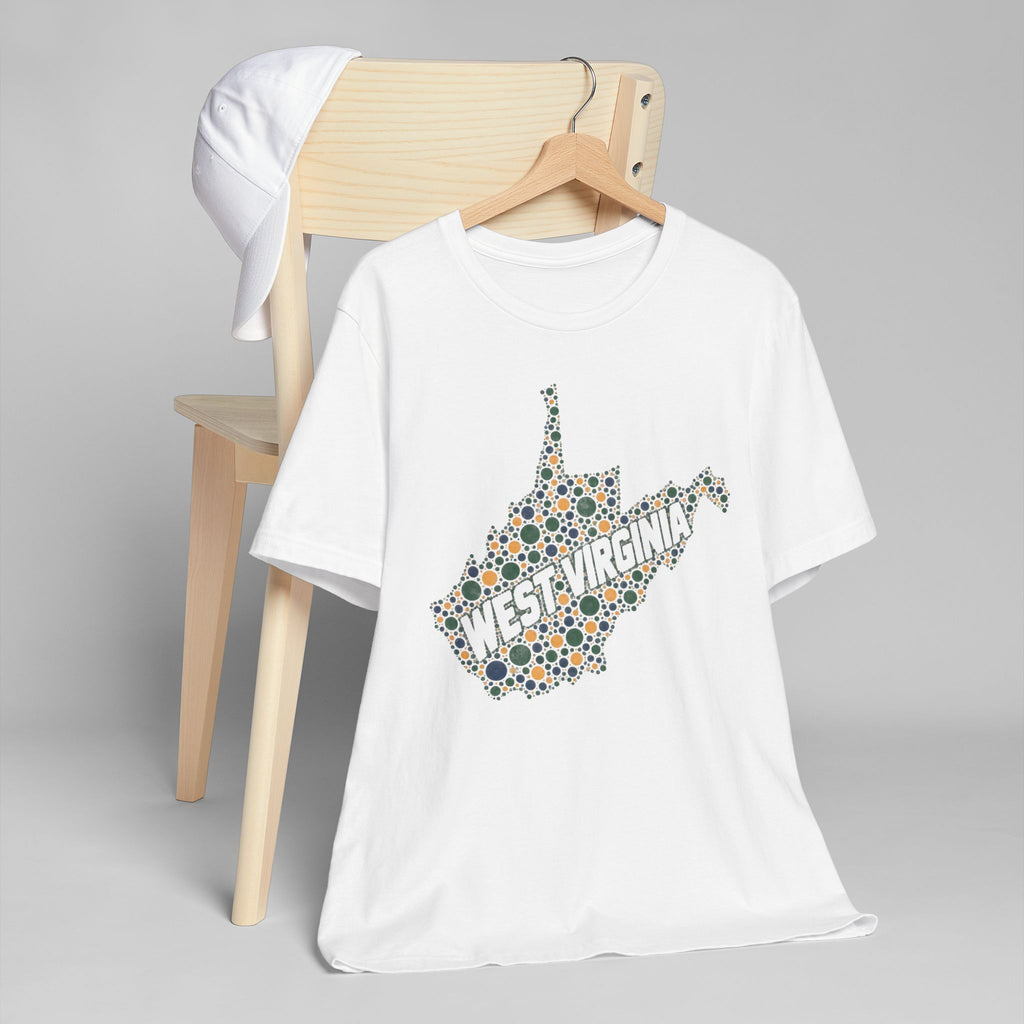 White T-shirt with West Virginia floral map outline graphic in multicolor dots