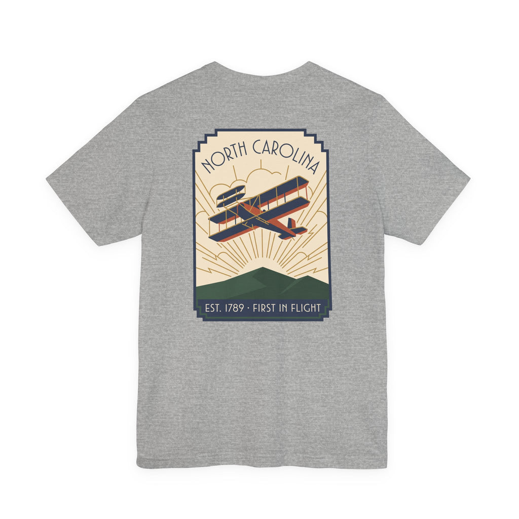 Heather gray T-shirt with large North Carolina biplane graphic on the back