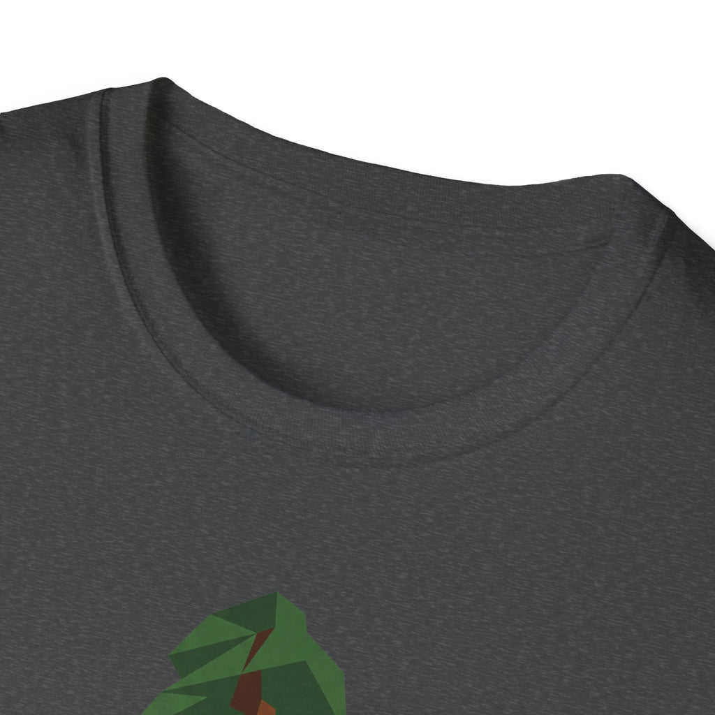 Geometric redwood tree T-shirt in dark gray, close-up of crew neck and upper print