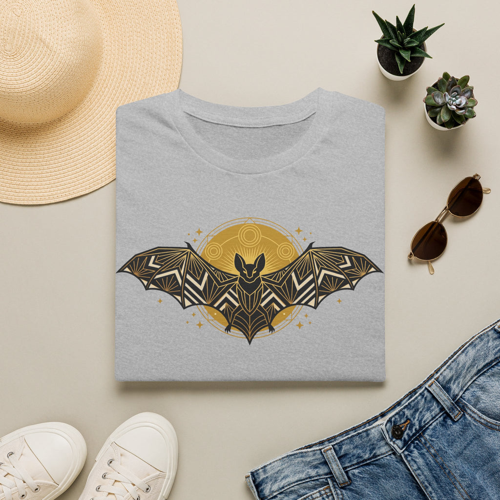 Light gray T-shirt with gold geometric bat and moon graphic
