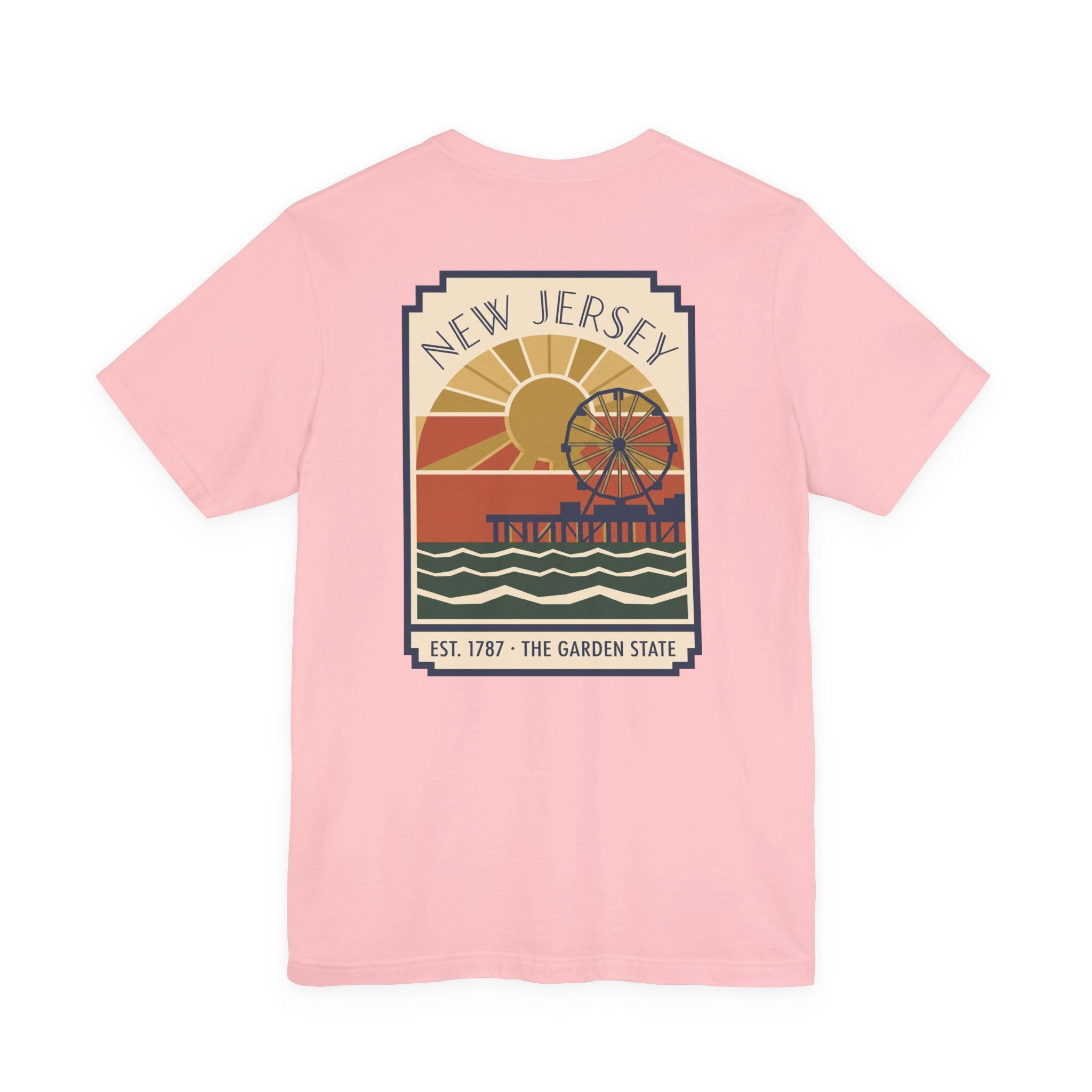 Pink T-shirt with square vintage New Jersey pier graphic on chest