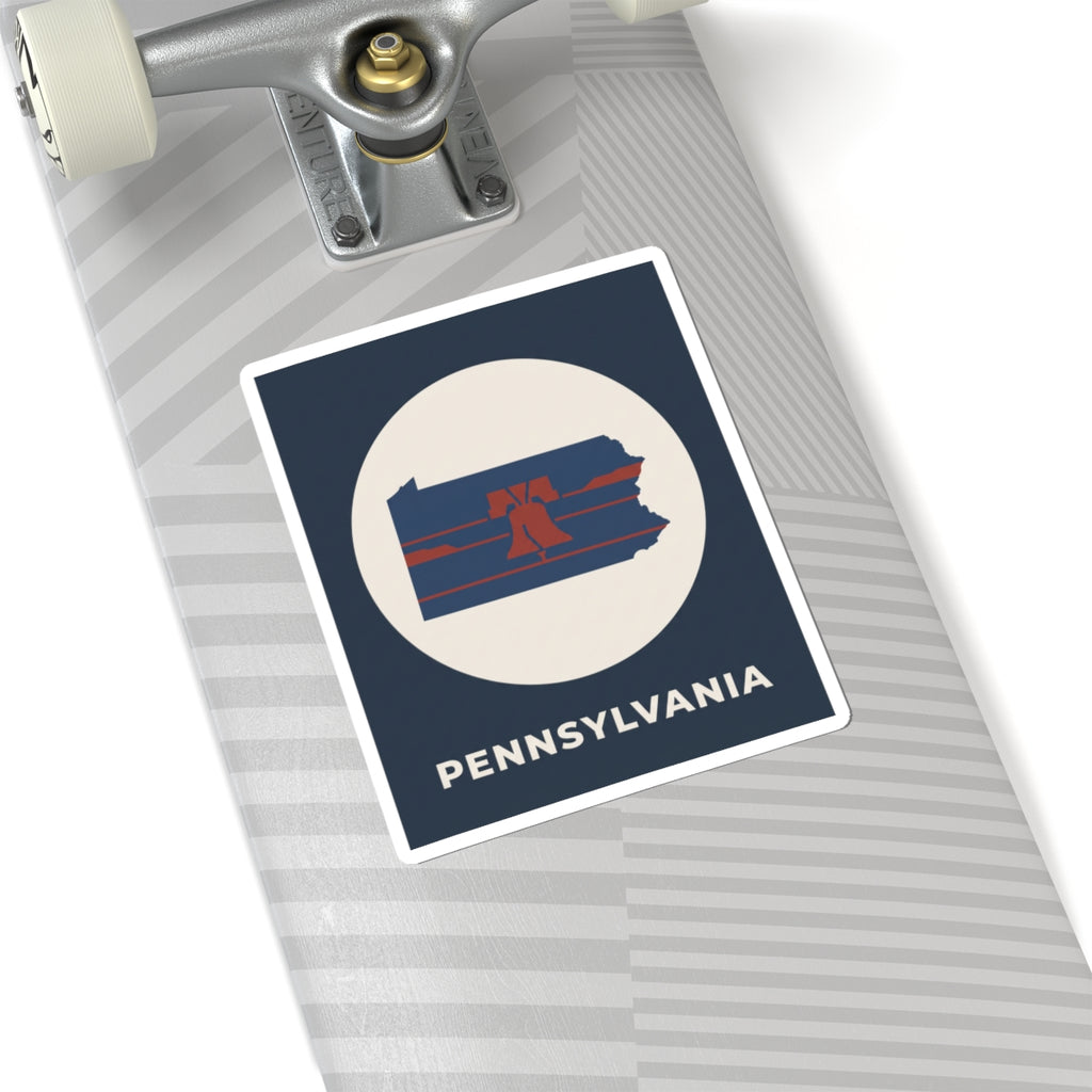 Navy rectangular sticker with white circle Pennsylvania map and Liberty Bell stripes, PENNSYLVANIA