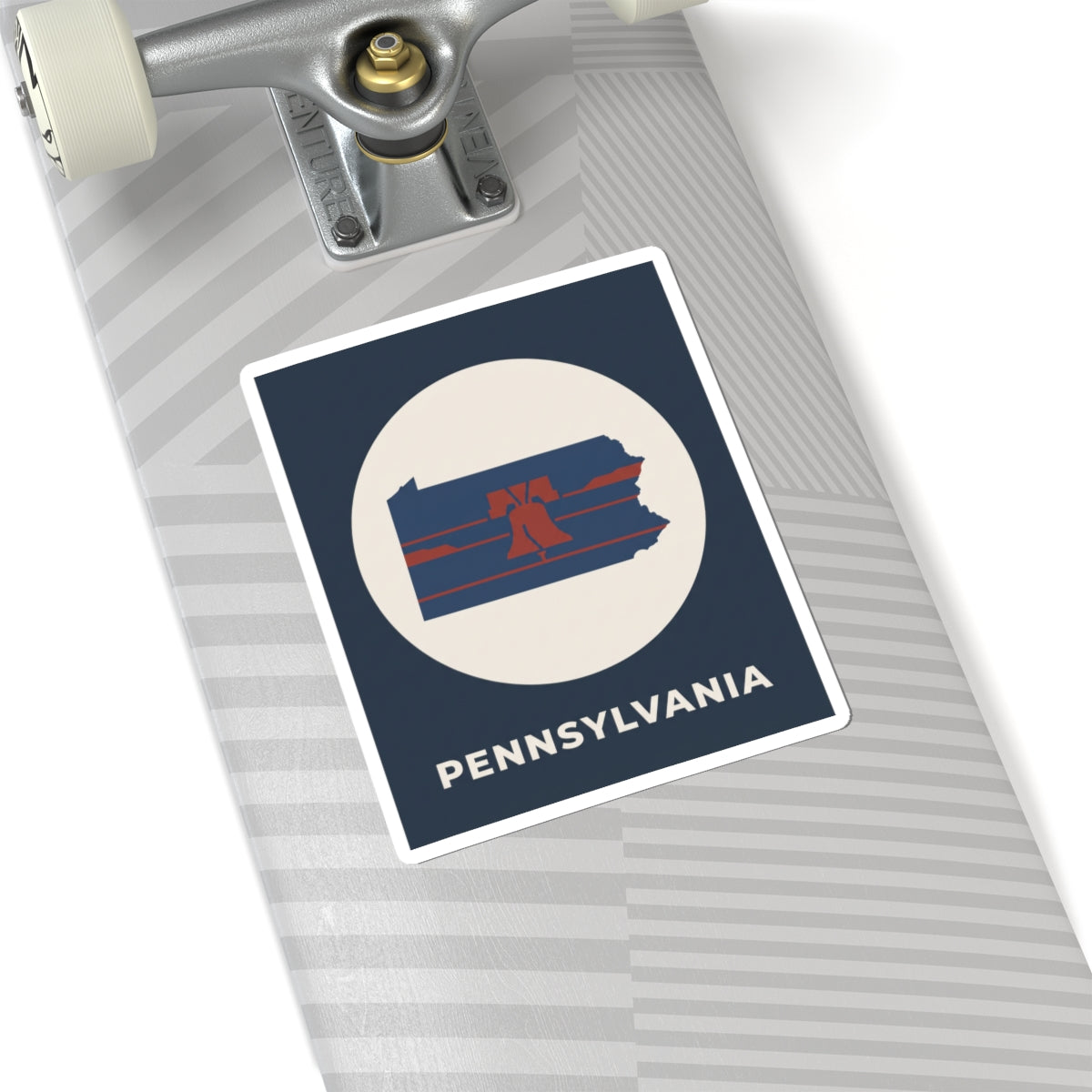 Navy rectangular sticker with white circle Pennsylvania map and Liberty Bell stripes, PENNSYLVANIA