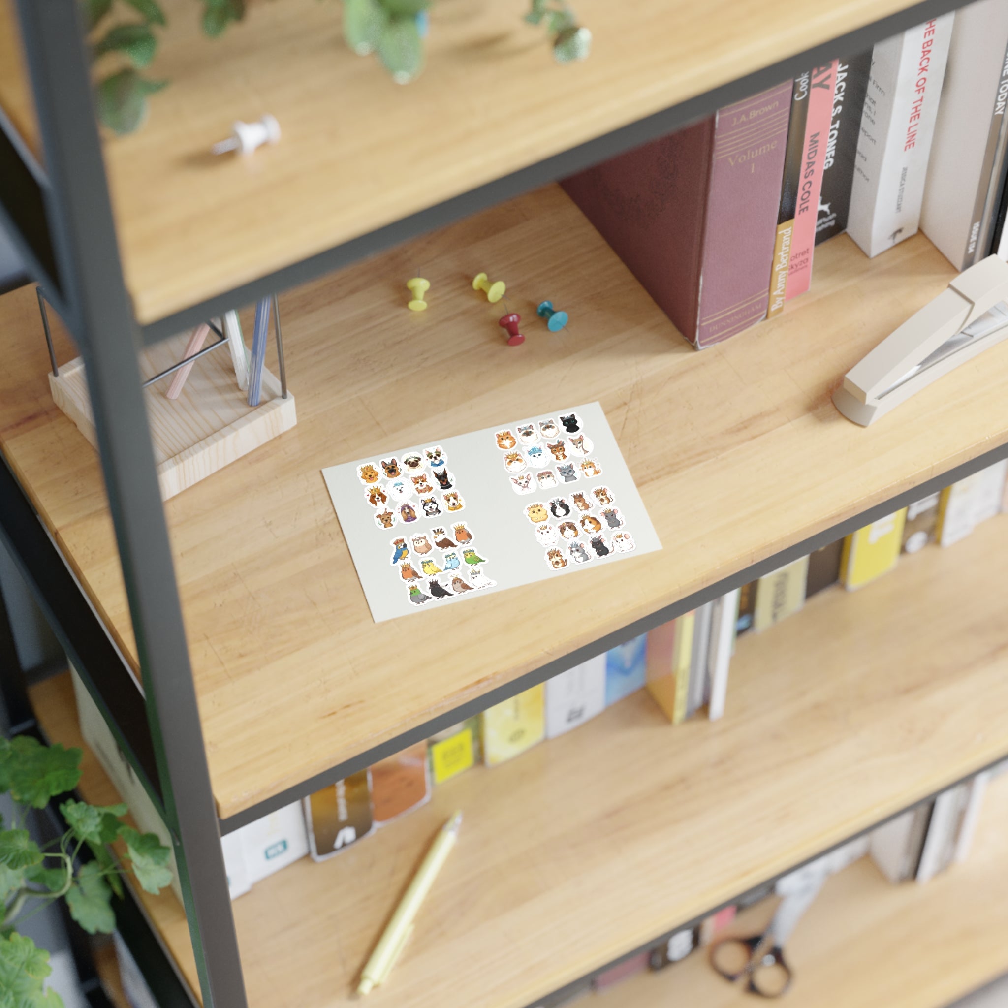 Royal Pets die-cut sticker sheet on a wooden shelf