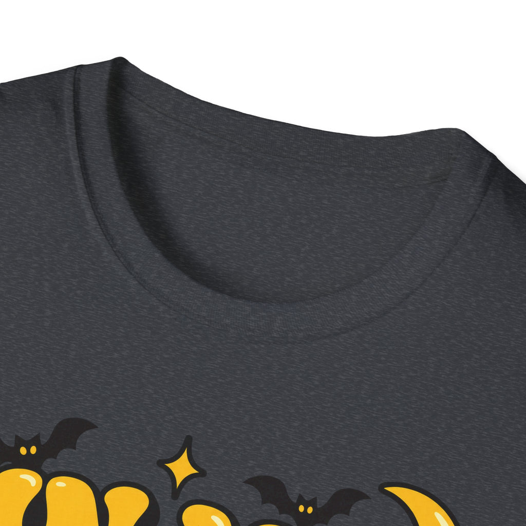 Close-up of charcoal T-shirt neckline with partial Halloween bubble lettering graphic