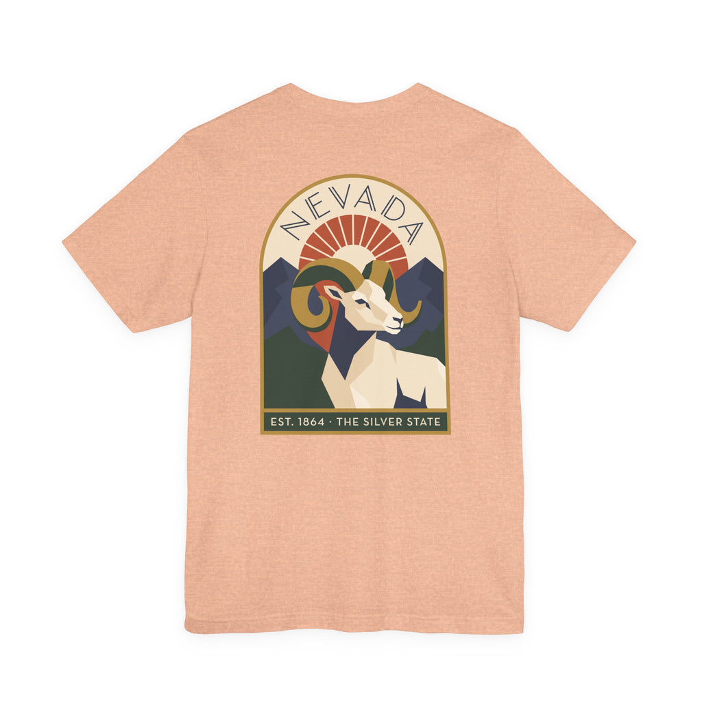 Nevada bighorn sheep art deco T-shirt, heather peach with retro circular chest graphic