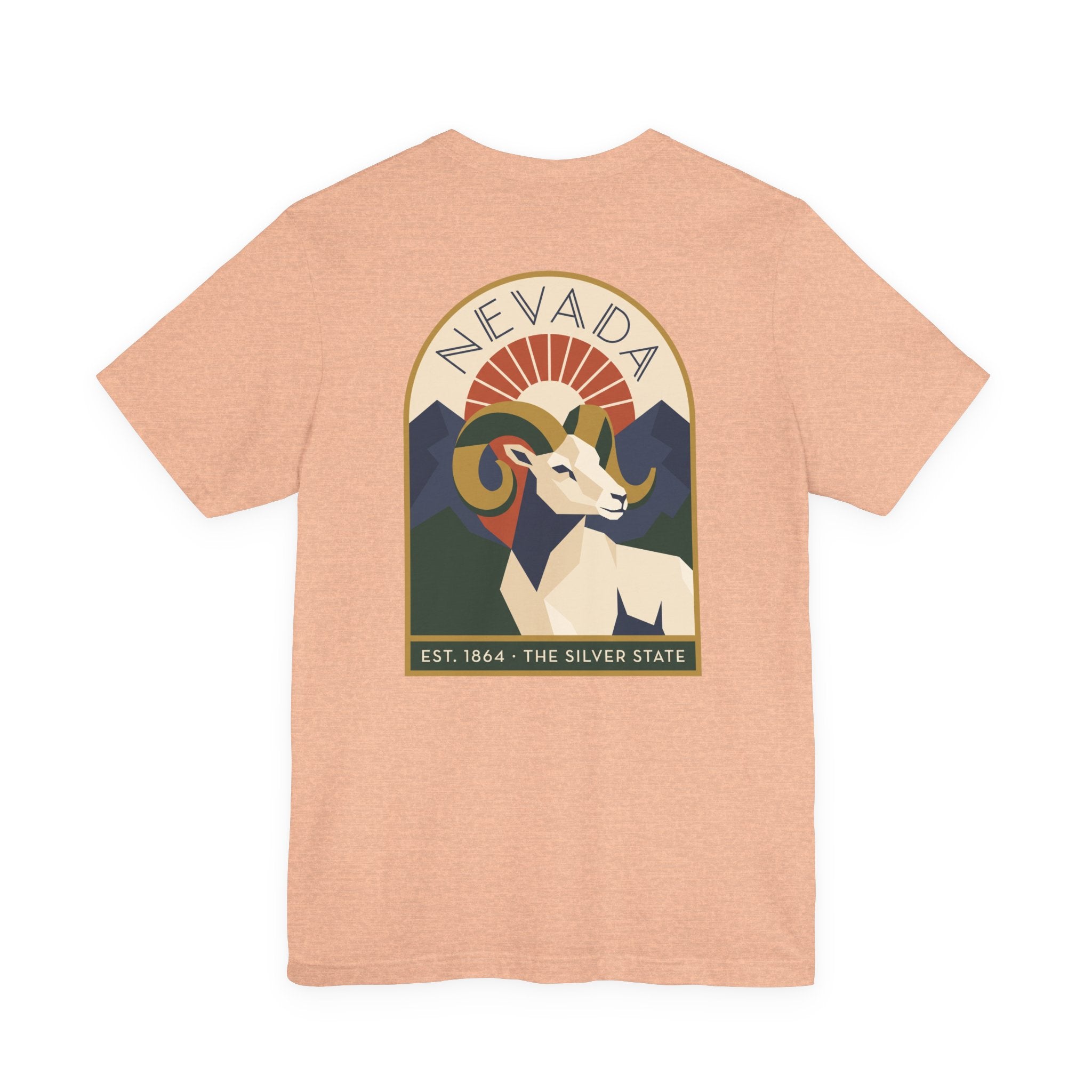 Nevada bighorn sheep art deco T-shirt, heather peach with retro circular chest graphic
