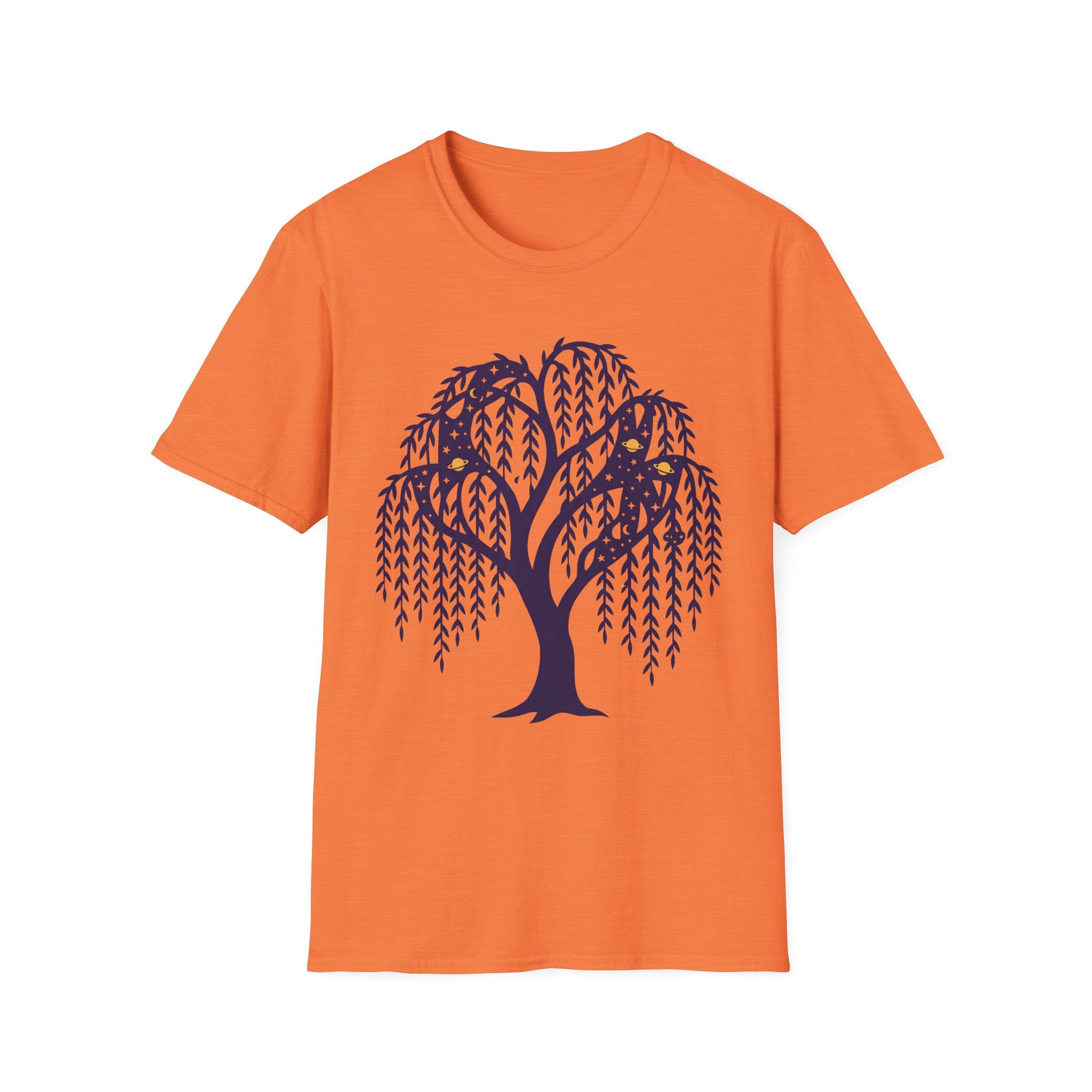 Orange T-shirt with dark blue weeping willow and night owl graphic