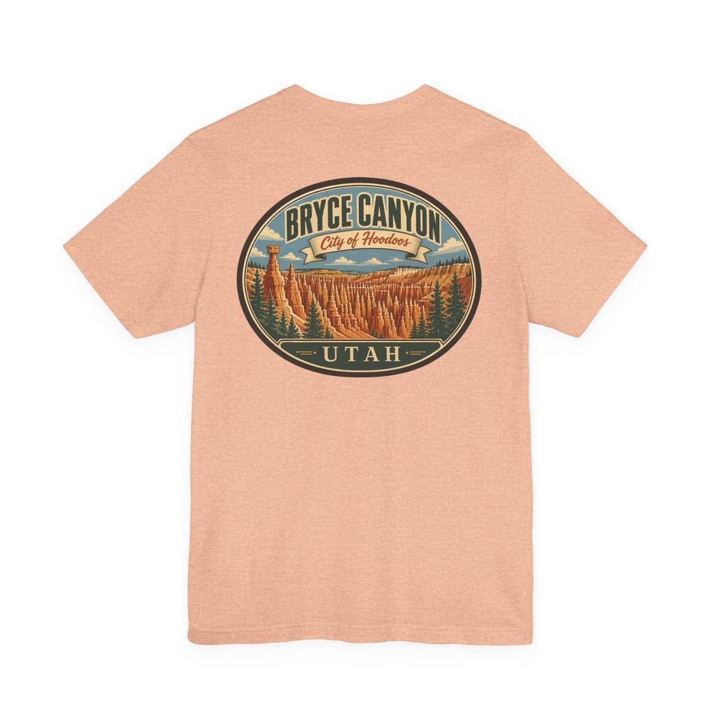 Peach crewneck T-shirt with large circular Bryce Canyon City of Hoodoo graphic on back