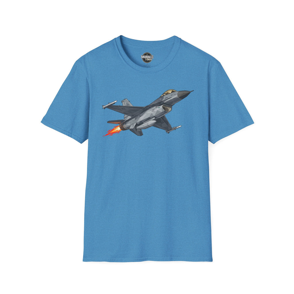 F-16 T-shirt, bright blue fabric with gray F-16 jet graphic and orange exhaust