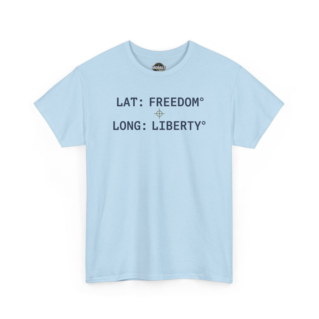Light blue unisex T-shirt with LAT: FREEDOM and LONG: LIBERTY text