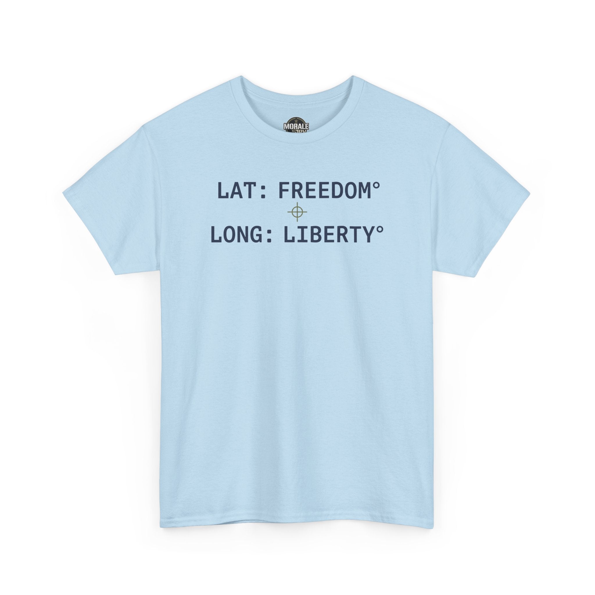 Light blue unisex T-shirt with LAT: FREEDOM and LONG: LIBERTY text