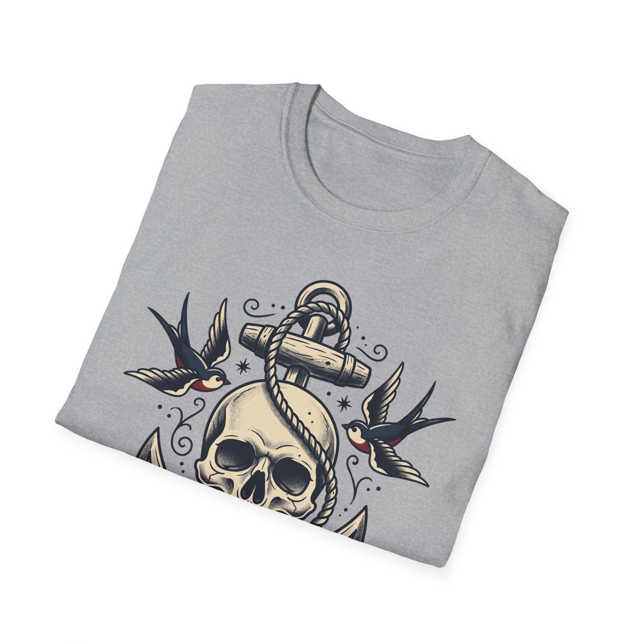 Sport grey sailor skull anchor T-shirt with rope anchor skull and birds tattoo graphic